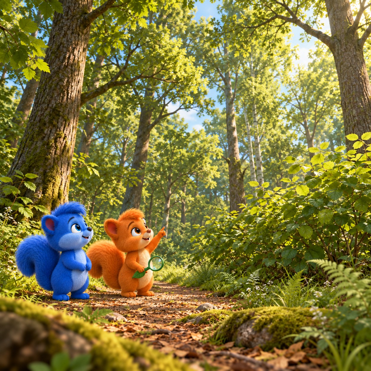 Weite Sommerwaldansicht mit niedrigen Pflanzen, Sträuchern und hohen Baumkronen. Die kleinen Figuren Puschel und Flauschi stehen unten links auf dem Weg und schauen hinauf; die grüne Lupe bleibt gesenkt.