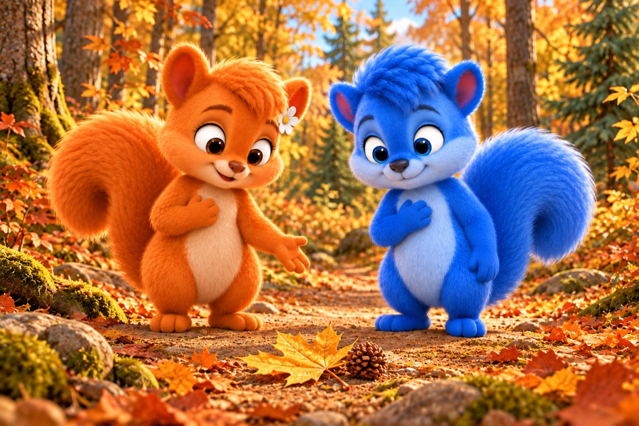Flauschi stands on the left and Puschel on the right on an autumn woodland path. They admire a golden leaf and a small cone on the ground without picking them up. Flauschi wears one white flower at her left ear; all paws are empty.
