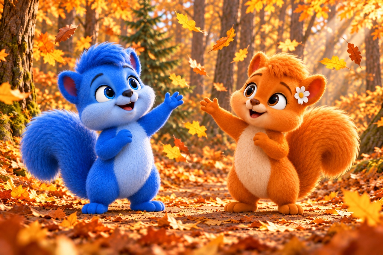 Puschel and Flauschi stand at equal height on a golden autumn woodland path. Both smile with their mouths open for their Wusel call, each lifting an empty paw. Loose leaves blow past and a green spruce stands in the background. Flauschi has one white flower at her left ear.