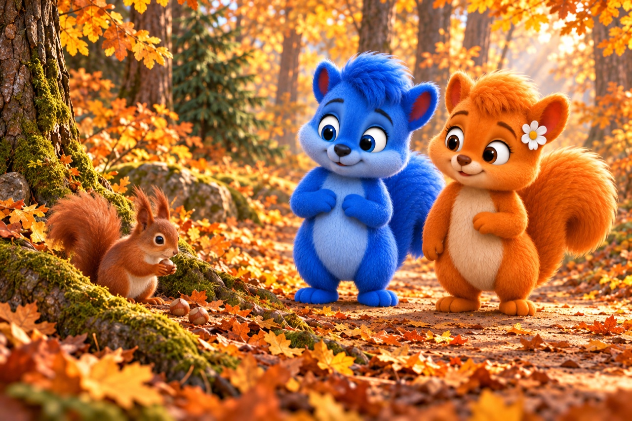 Puschel und Flauschi stehen mit leeren Pfoten auf dem Herbstwaldweg und beobachten ein natürlich rotbraunes Eichhörnchen an einer Wurzel. Das Tier hält eine Nuss, zwei weitere liegen am Wurzelrand. Die Wuselhörnchen greifen nicht danach und lassen Abstand.