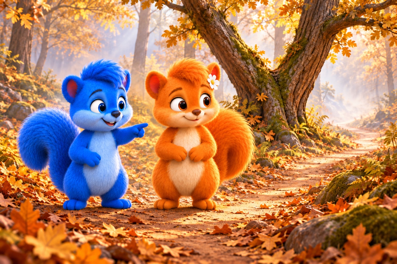 Puschel and Flauschi stand at the same adult height on a broad, clearly visible autumn woodland path. Puschel points towards an old tree with a divided trunk, which Flauschi studies attentively. Thin mist lies among the golden trees, and both have their feet firmly on the path.