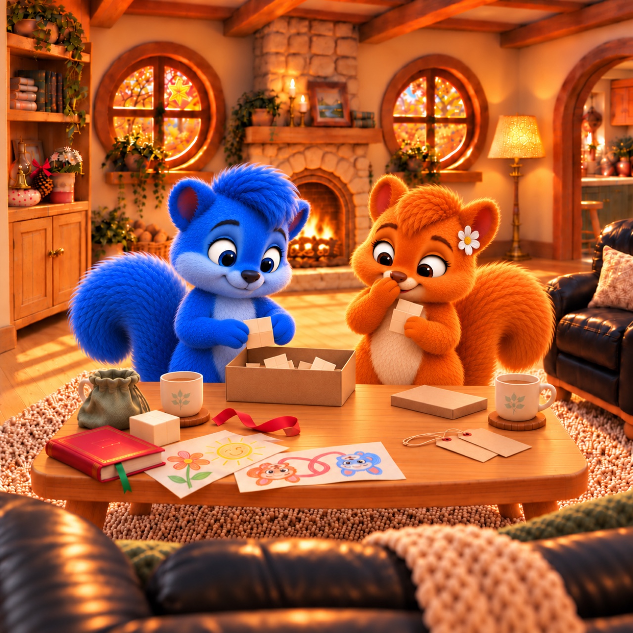 Flauschi holds a folded slip in her left paw and hides a giggle with her right. Puschel, the same size, looks down at a question slip above the open box. The established drawings and craft materials remain on the table.