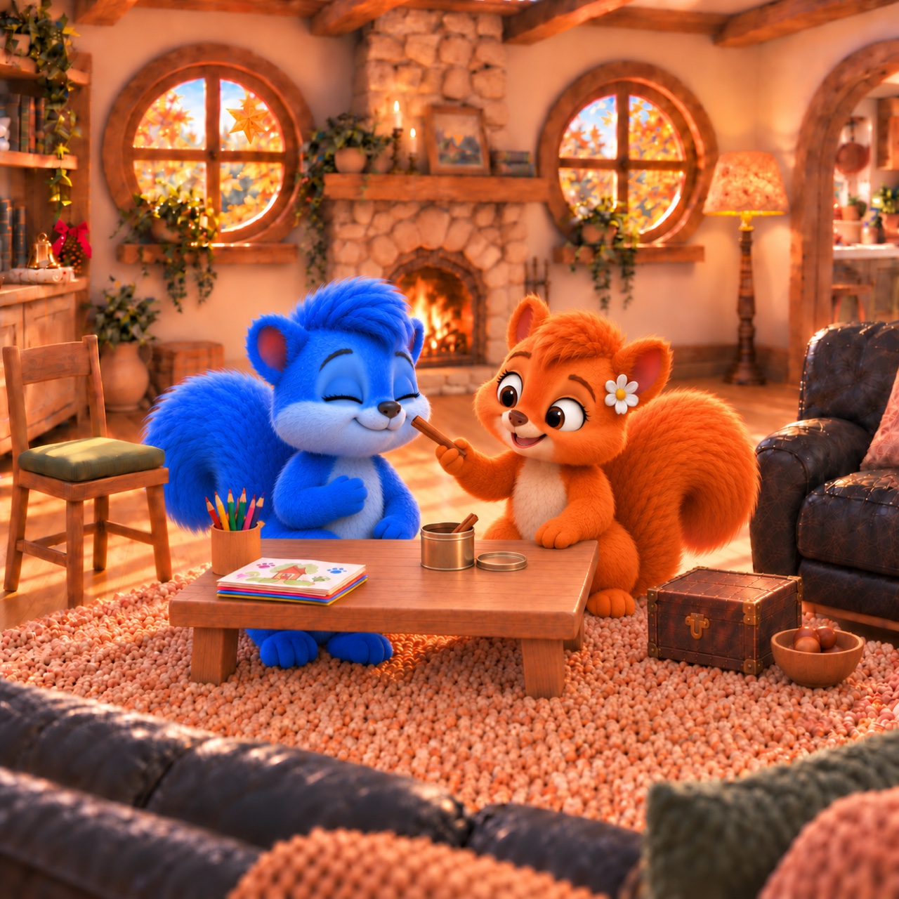 Flauschi holds a cinnamon stick a little way from Puschel’s nose; the open tin stands on the low table.