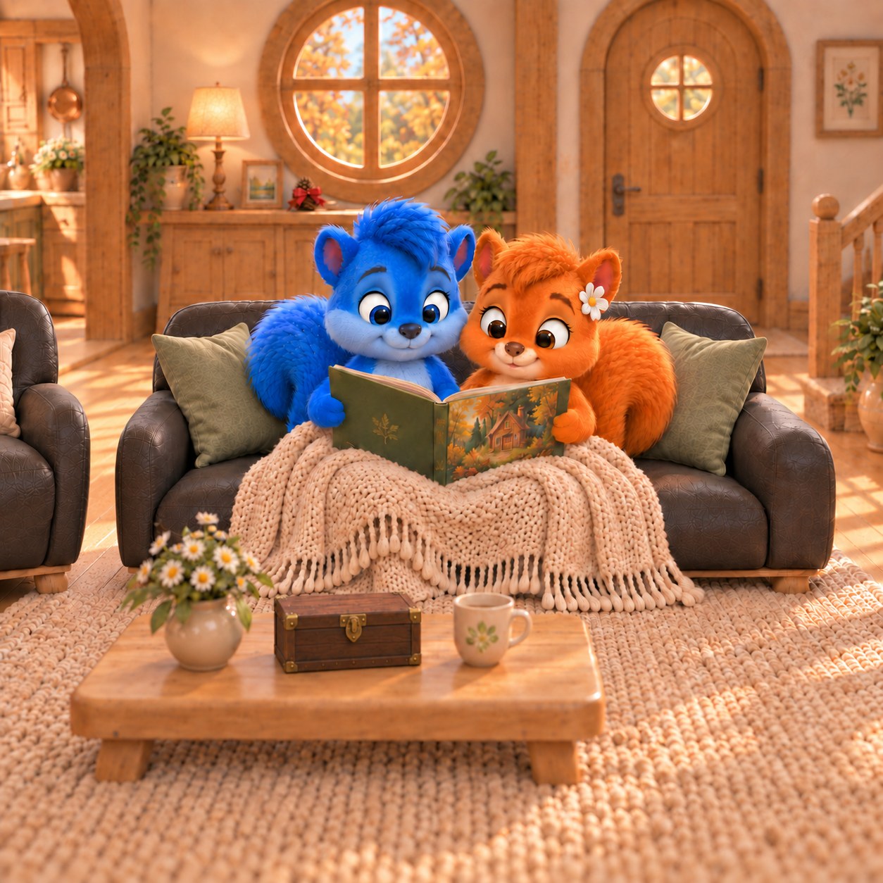 Puschel und Flauschi sitzen eng zusammen unter einer hellen Decke und schauen gemeinsam in ein aufgeschlagenes Bilderbuch.