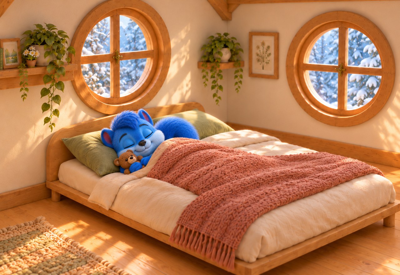 Puschel sleeps with his little brown teddy beneath the pink blanket while snow falls outside.