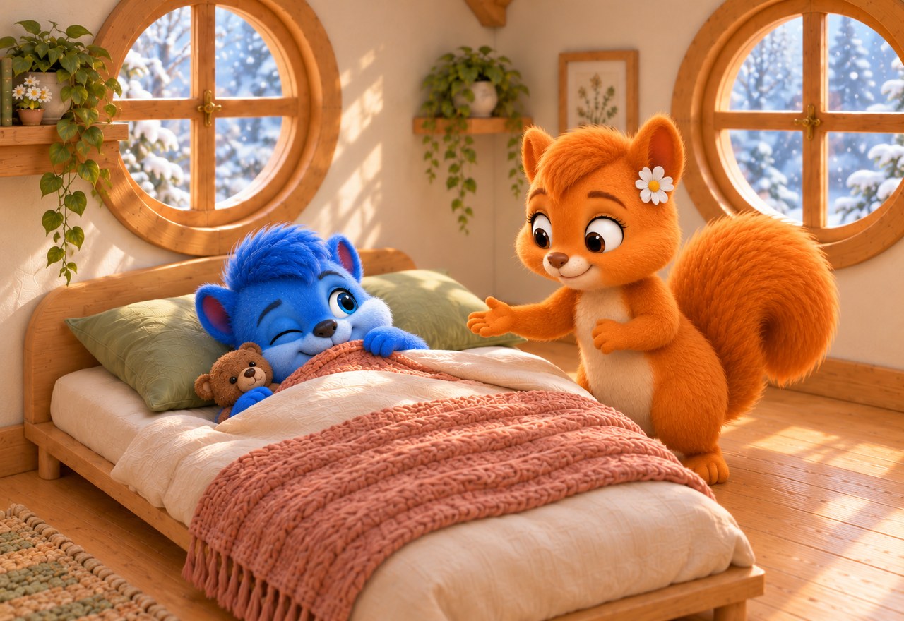 Flauschi calls Puschel to breakfast. He pulls up the blanket and holds Teddy.
