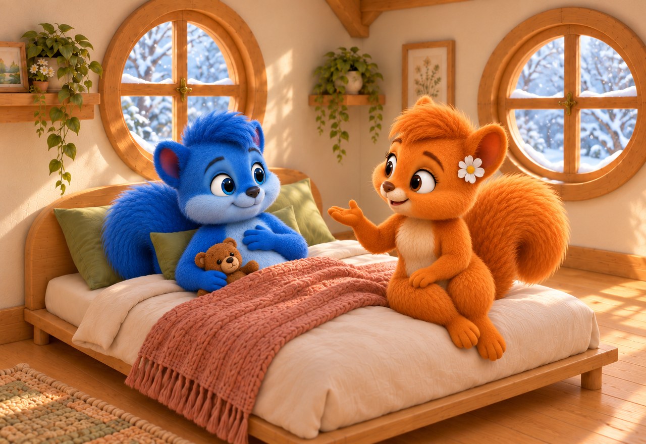 Puschel puts a paw on his chest and listens carefully to Flauschi, with Teddy in his other arm.