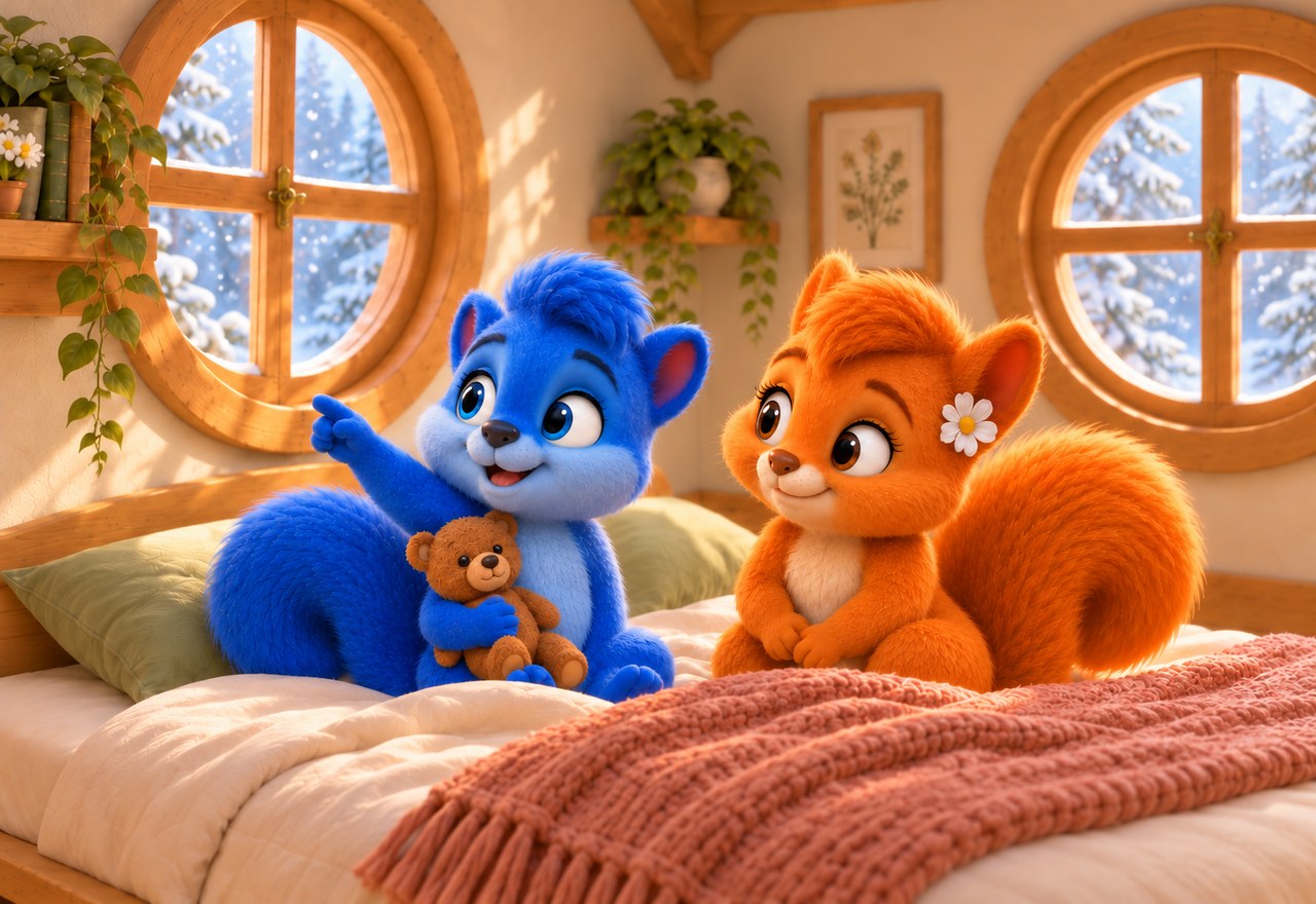 Holding little Teddy, Puschel points at the snowy round window and asks Flauschi about squirrels.