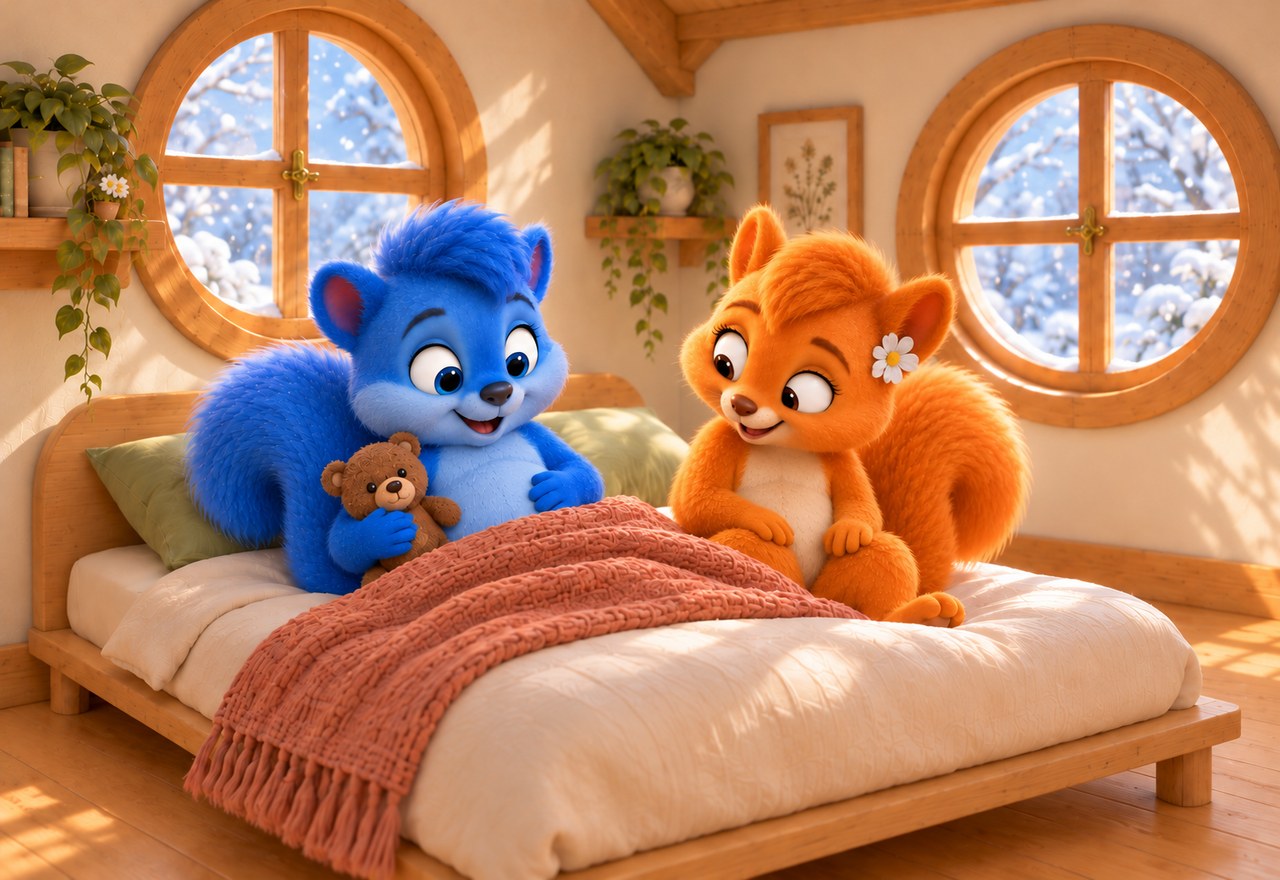 Puschel and Flauschi smile down at Puschel’s rumbling tummy. Teddy stays in his arm.