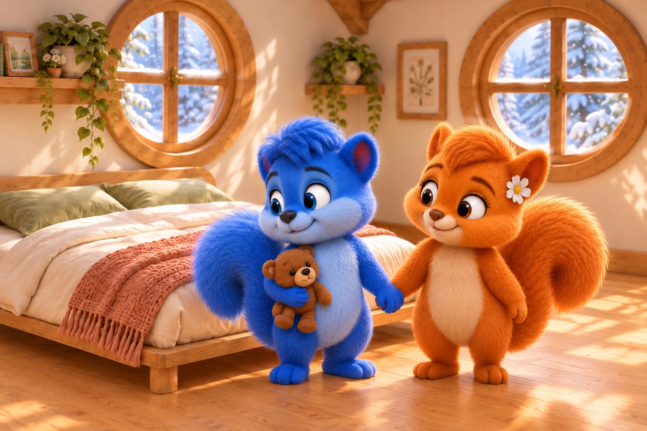 Puschel stands beside Flauschi with Teddy in his arm, holding her paw and looking happily back at the bed.