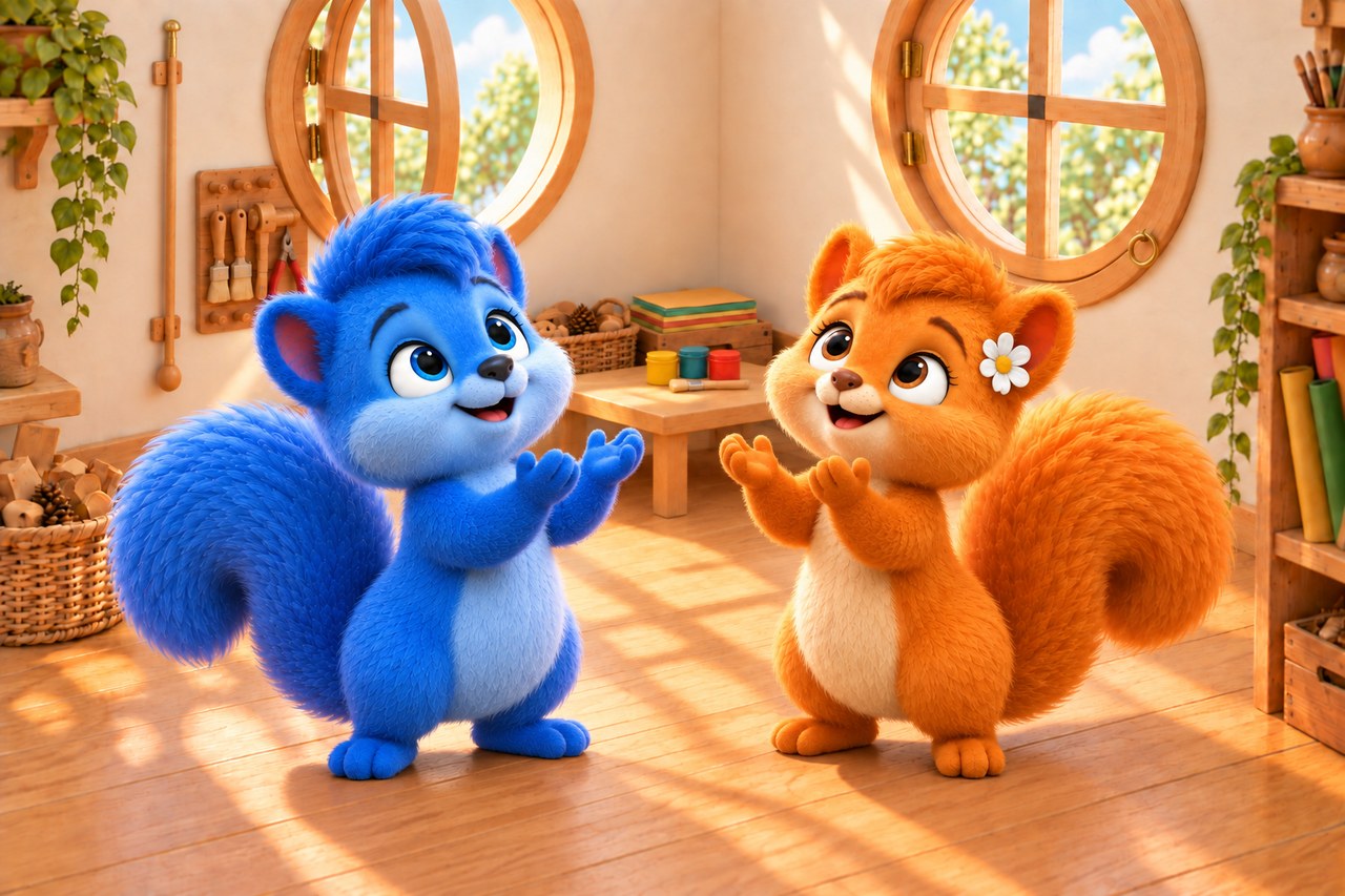 Puschel and Flauschi lift their paws to guide an imaginary bubble.