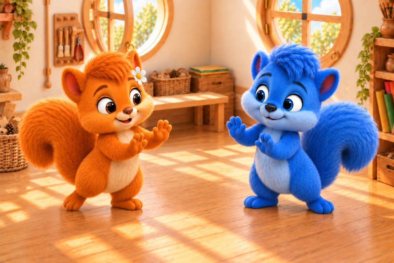 Flauschi and Puschel guide their paws sideways in front of their bodies. The imaginary bubble remains invisible.