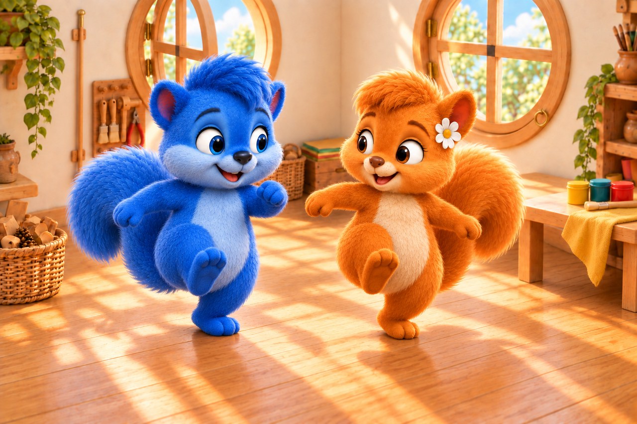 Puschel und Flauschi heben in der freien Mitte der Wuselwerkstatt jeweils einen Fuß. Sie spielen, dass sie über Wurzeln steigen; auf dem Boden liegen keine Hindernisse.