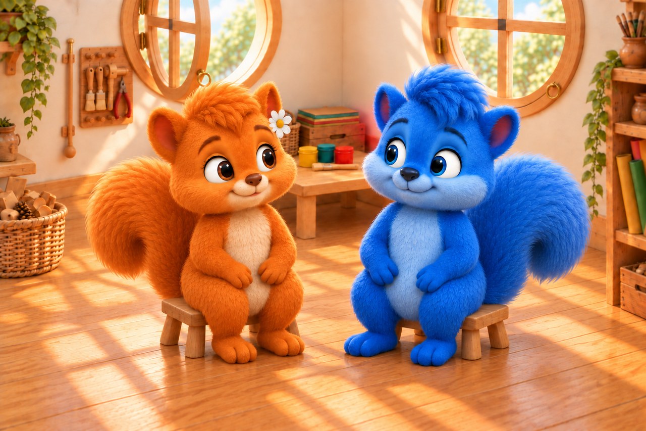 Flauschi and Puschel rest on their stools with their paws on their thighs.