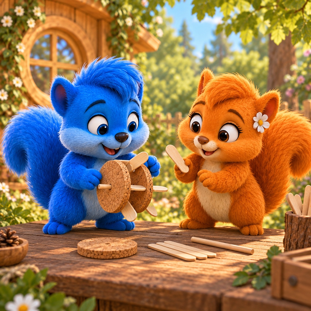 Puschel und Flauschi bauen vor dem Wuselhaus aus zwei Korkscheiben und sechs Holzstäbchen ein kleines Wasserrad