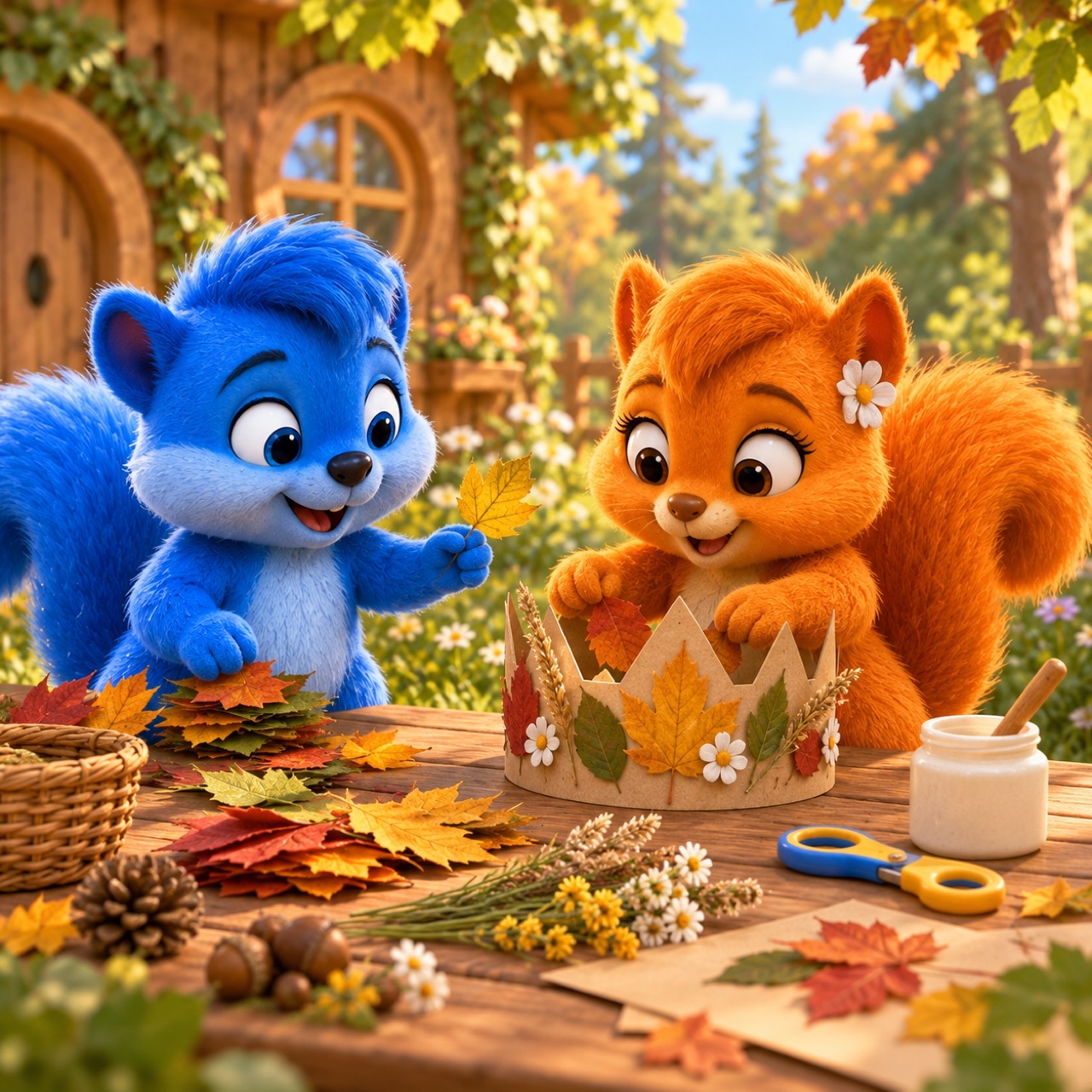 Flauschi gestaltet am Basteltisch eine Waldkrone aus Papier, bunten Blättern, Gräsern und kleinen Blüten, während Puschel Blätter sortiert