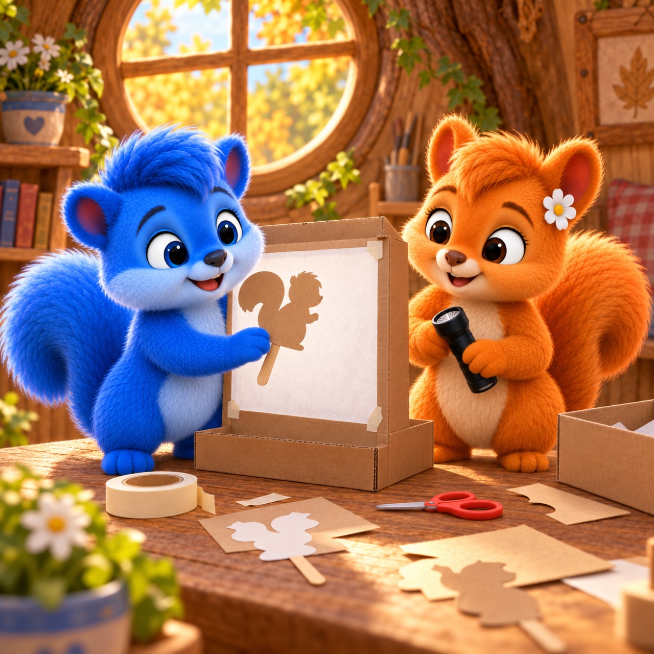 Flauschi und Puschel bauen aus einem Karton und hellem Papier eine kleine Schattenbühne