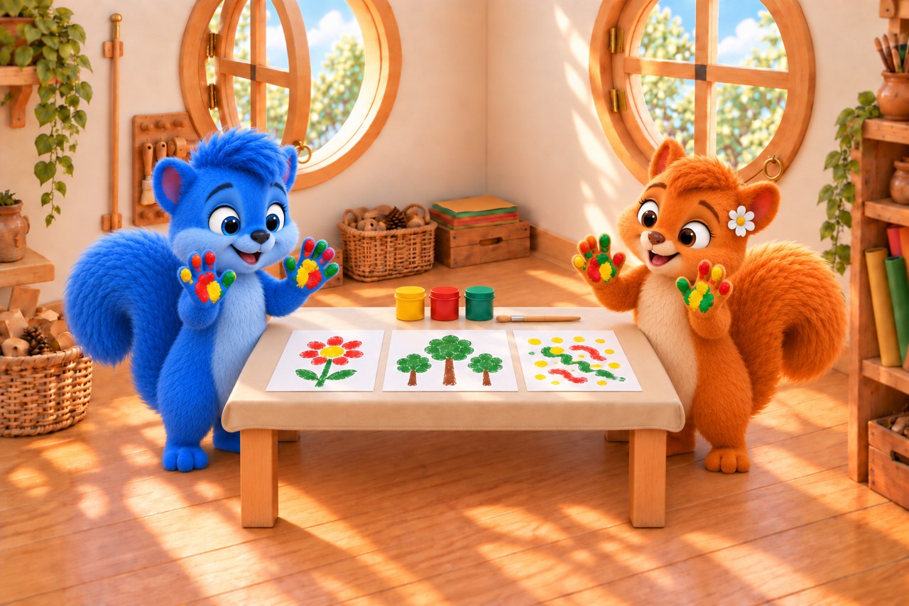 Puschel und Flauschi zeigen ihre gelb, rot und grün bemalten Pfoten und Fingerspitzen. Auf dem frei stehenden Tisch liegen ihre fertige Klecksblume, der Wuselwald und freie Farbspuren.