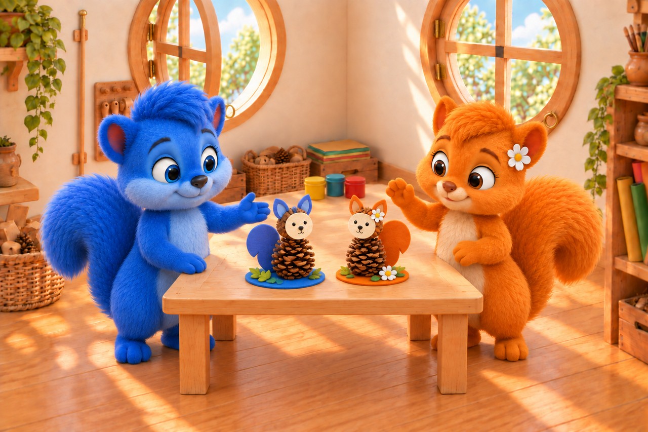 Zwei fertige Zapfen-Wusels stehen auf blauer und orangefarbener Unterlage. Puschel und Flauschi begrüßen ihre selbst gebastelten Figuren.