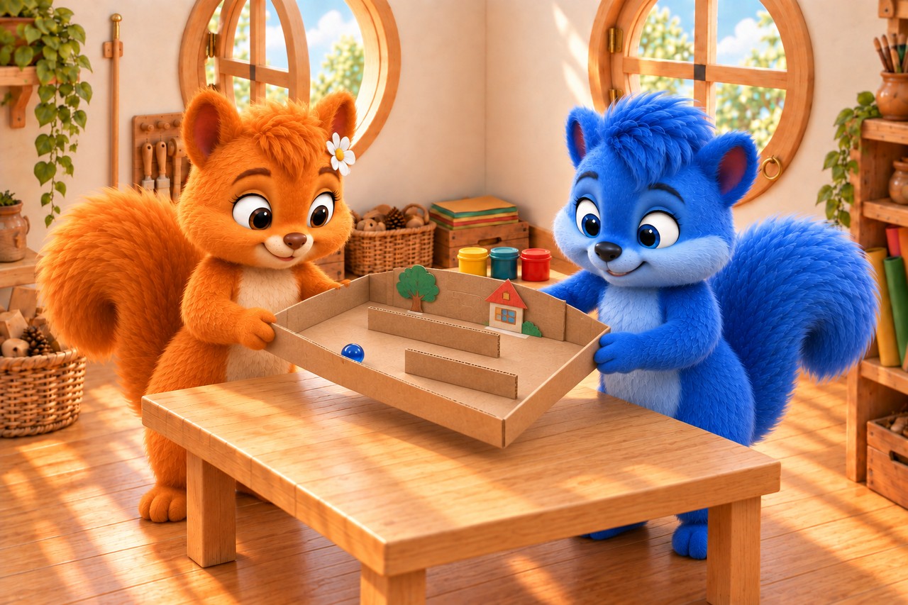 Puschel und Flauschi kippen den fertigen Murmelwald gemeinsam leicht über dem Tisch. Eine blaue Murmel rollt zwischen breiten Pappwegen zum Papierhaus.