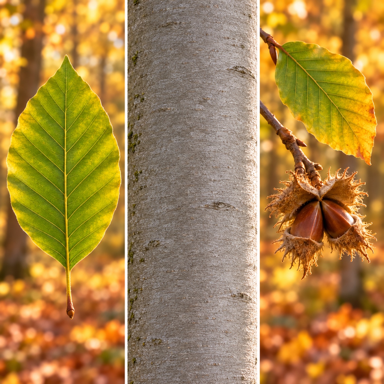 Three close-ups show an oval beech leaf, the smooth grey bark of a European beech and two three-sided beechnuts inside their prickly husk