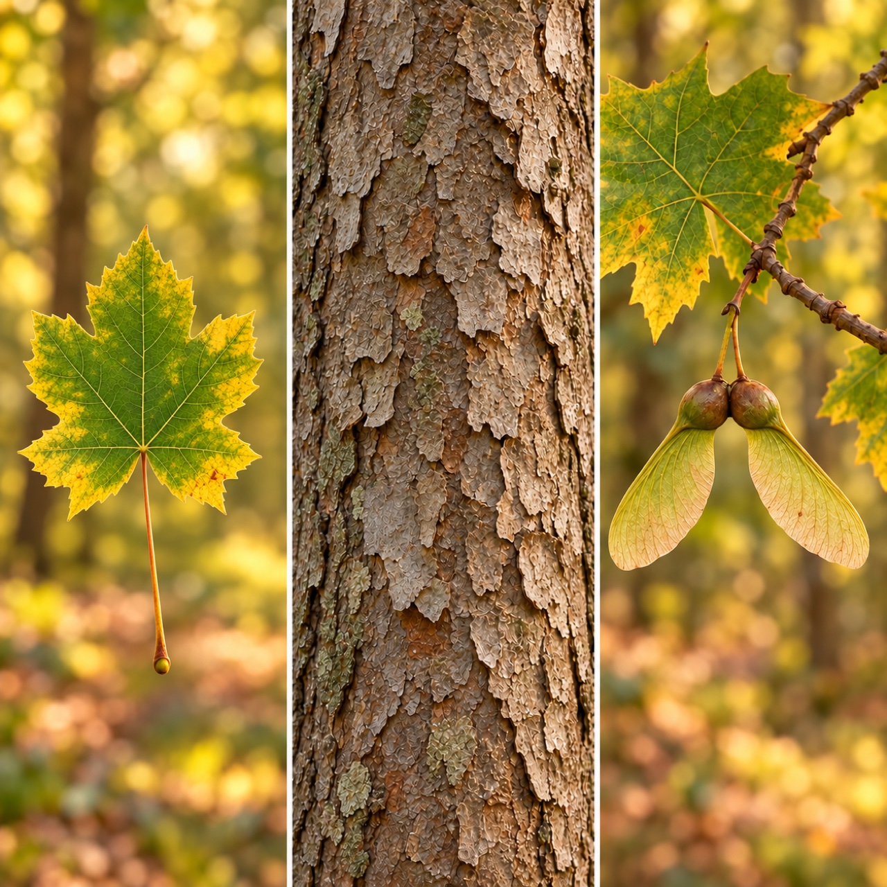 Three close-ups show a complete five-lobed sycamore maple leaf, the scaly grey-brown bark of an older tree and one pair of winged fruit