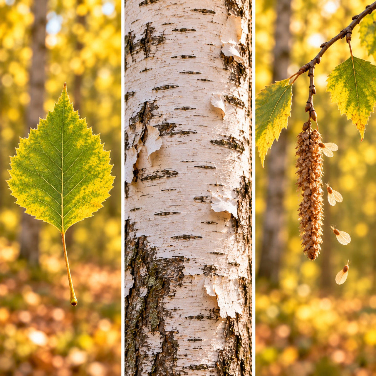 Three close views show a complete pointed, toothed silver birch leaf, white bark with dark marks and a hanging fruiting catkin releasing tiny winged nutlets.