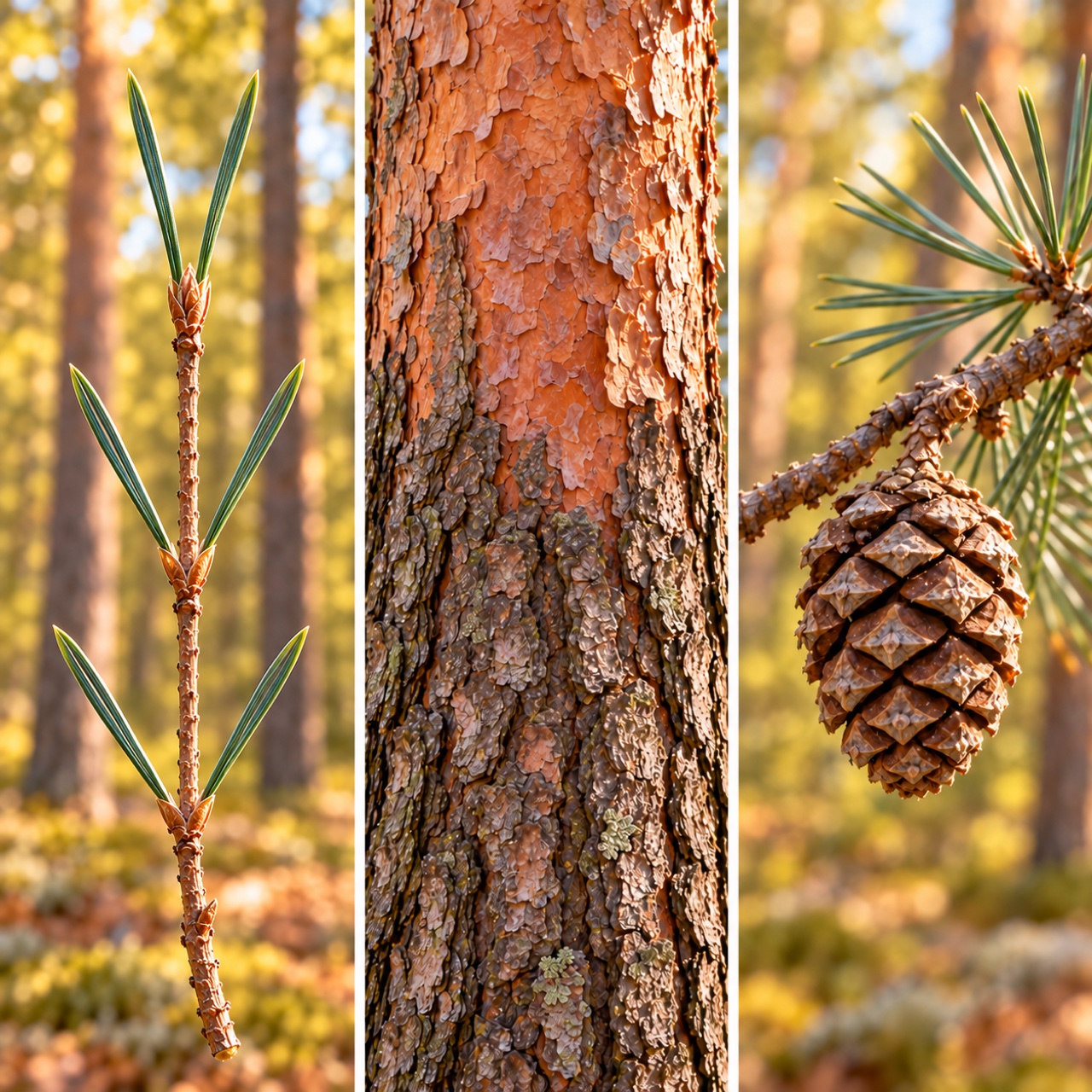 Three close-ups show Scots pine needles in clear pairs, dark fissured and orange scaly pine bark, and one small oval Scots pine cone
