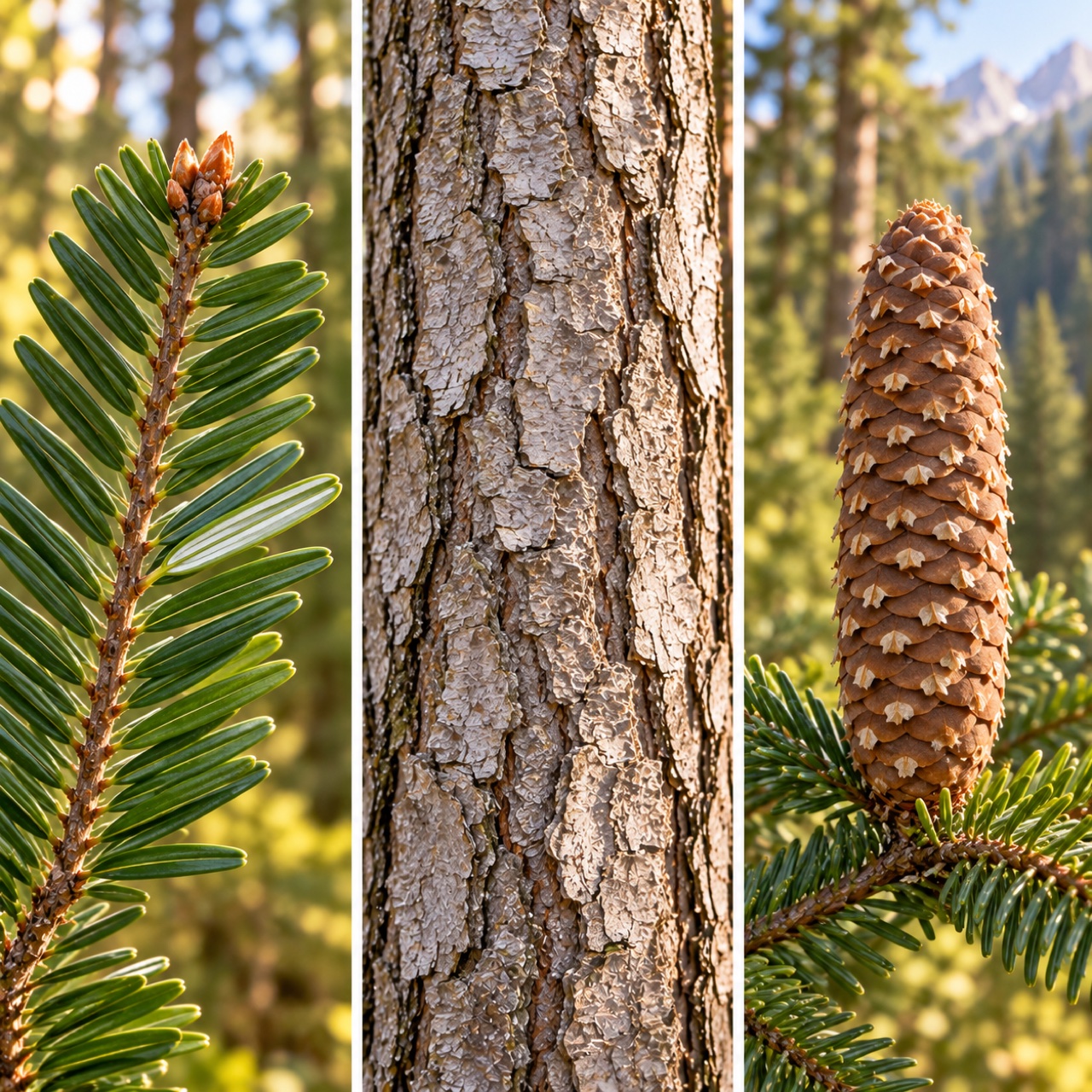 Three close-ups show flat blunt silver fir needles with two pale underside stripes, grey plated bark and one upright brown fir cone