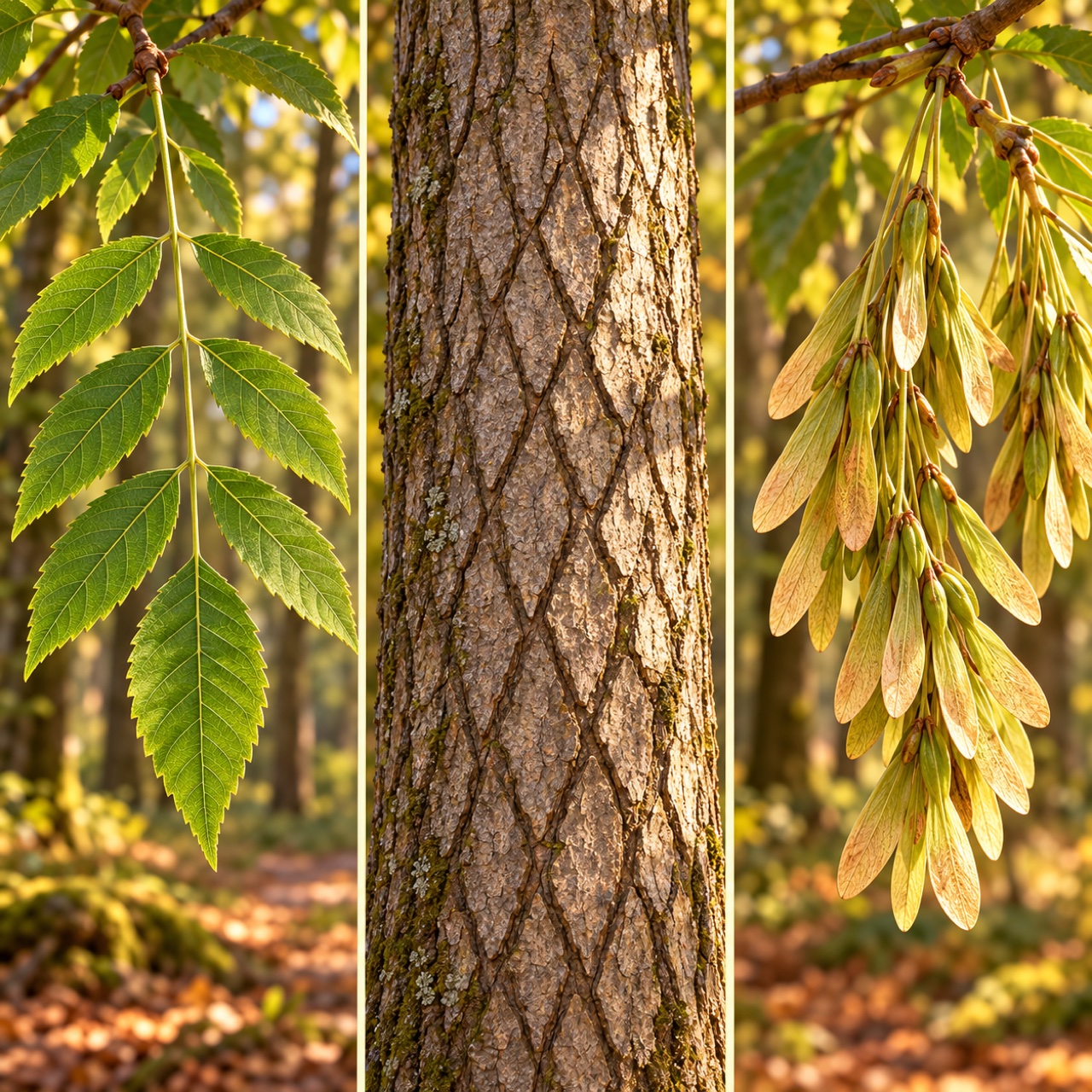 Three close views show Leaves made of leaflets, Grey bark, Winged fruits.