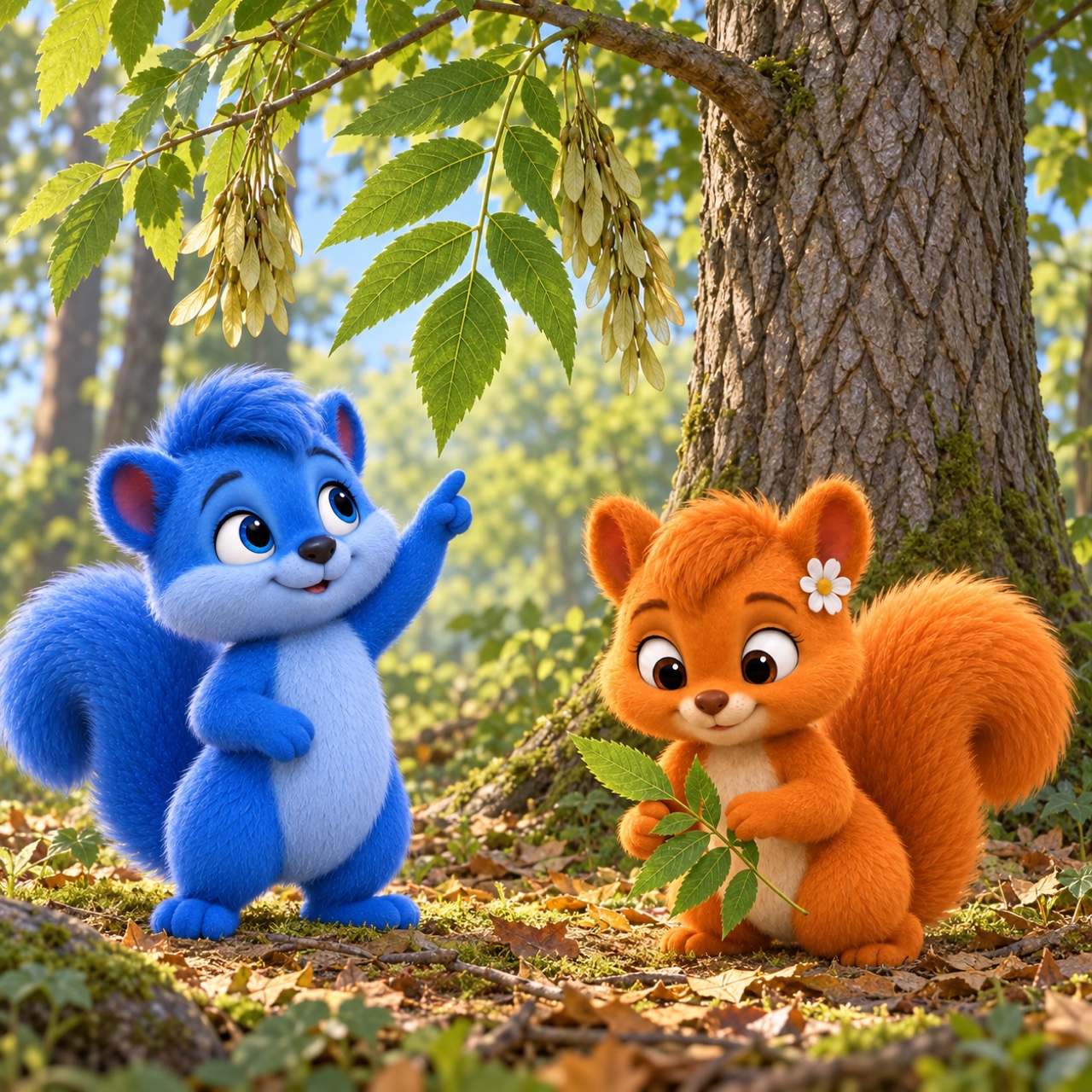 Puschel und Flauschi betrachten gefiederte Eschenblätter und hängende Flügelfrüchte an einem hohen Baum.