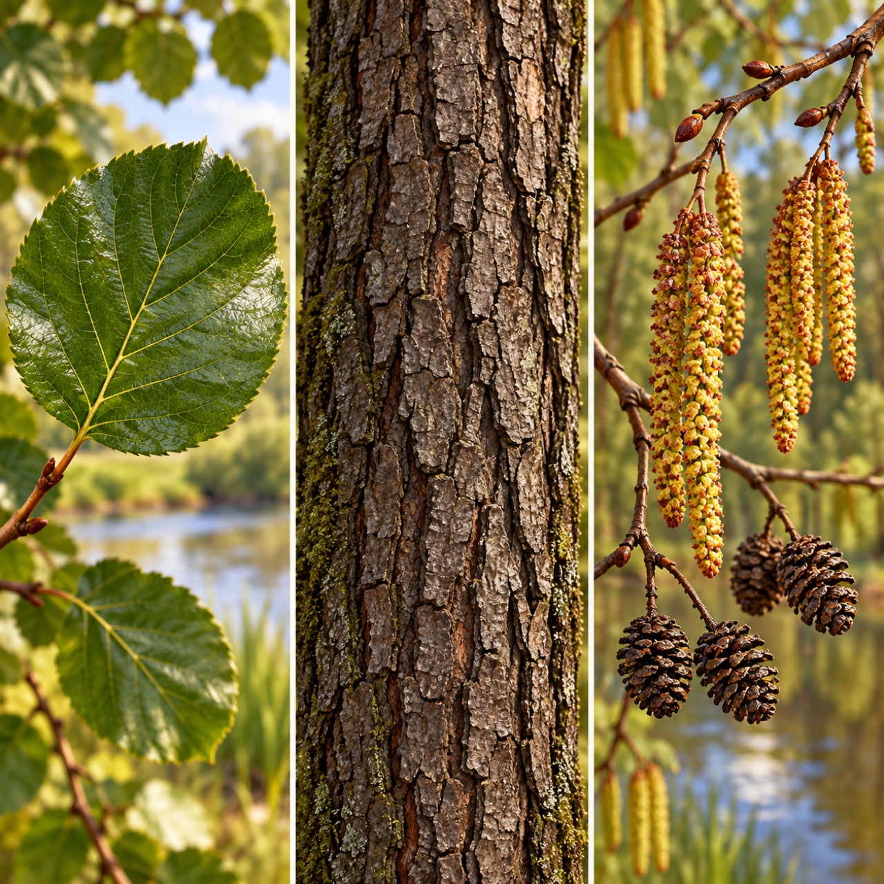 Three close views show Rounded leaves, Dark bark, Cone-like fruiting heads.