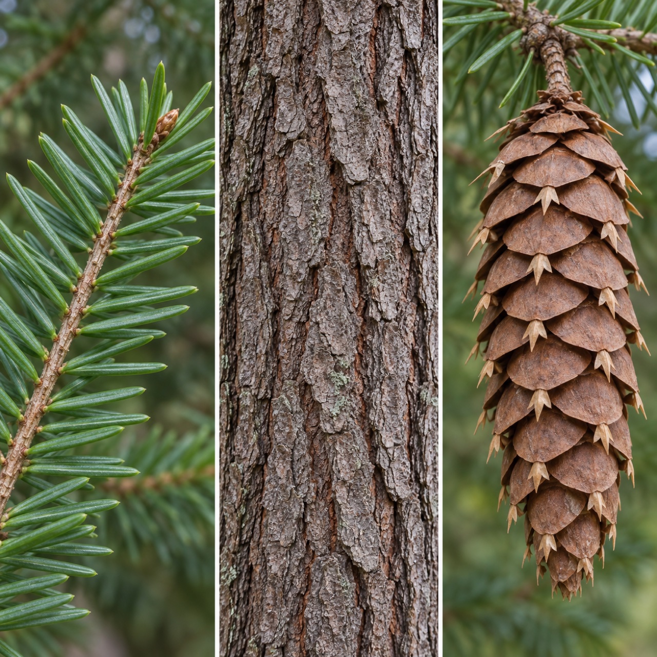 Three close views show soft Douglas fir needles, fissured bark and a hanging cone with small three-pointed bracts.