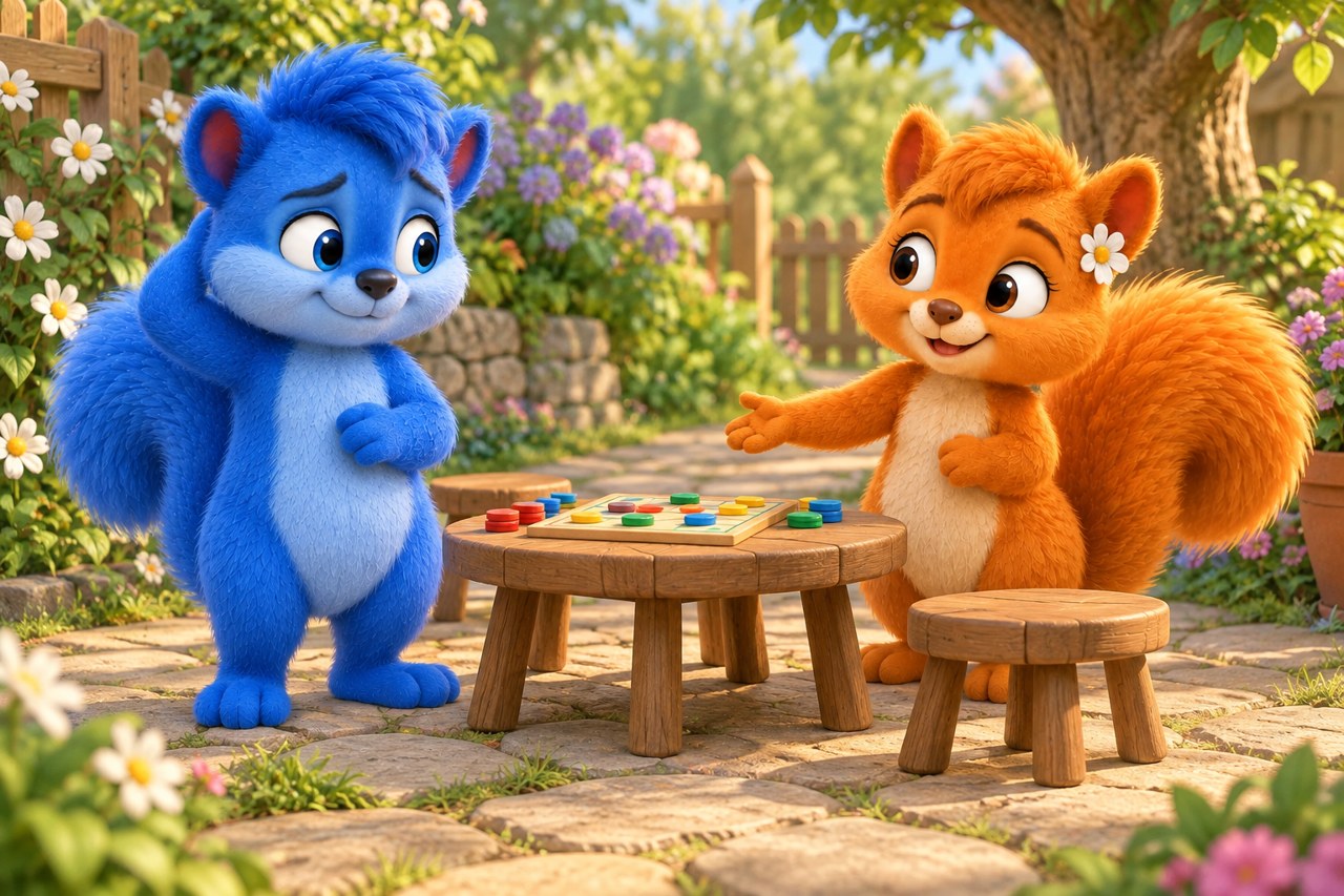 Flauschi bietet dem gleich großen Puschel einen freien Platz an einem Spieltisch an.