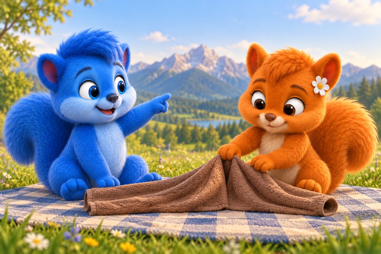 Puschel und Flauschi schieben ein weiches Tuch auf einer ebenen Unterlage zu Falten zusammen.