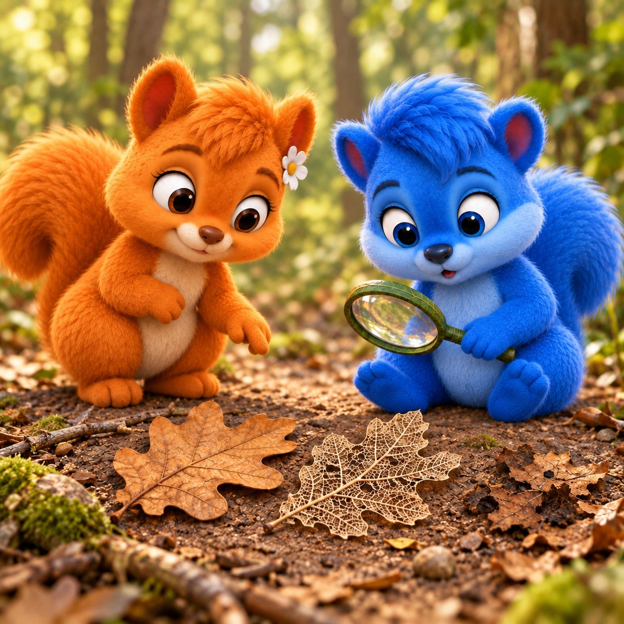 Puschel und Flauschi beobachten ganze Blätter und zersetzte Blattreste auf dem Waldboden.