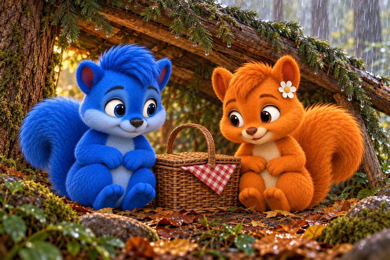 Puschel und Flauschi sitzen neben einem unbenutzten Picknickkorb unter einem regengeschützten Vordach.