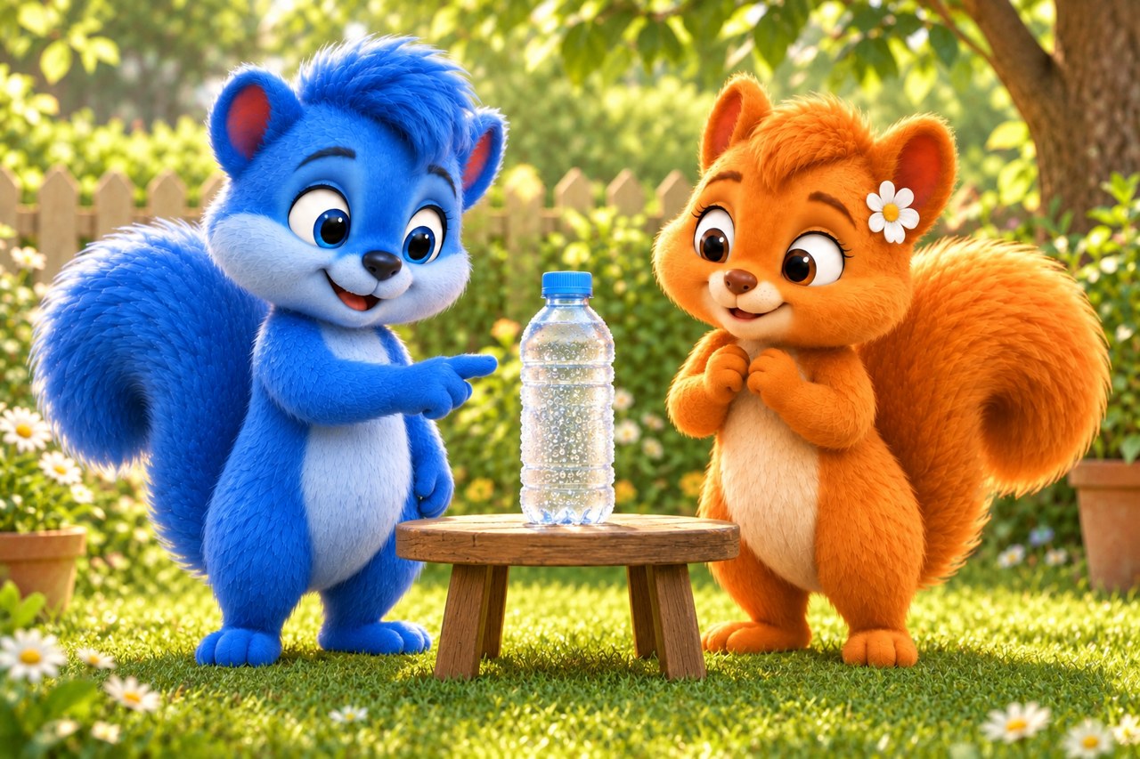 Die Wusels betrachten Wassertropfen außen an einer kühlen geschlossenen Flasche.
