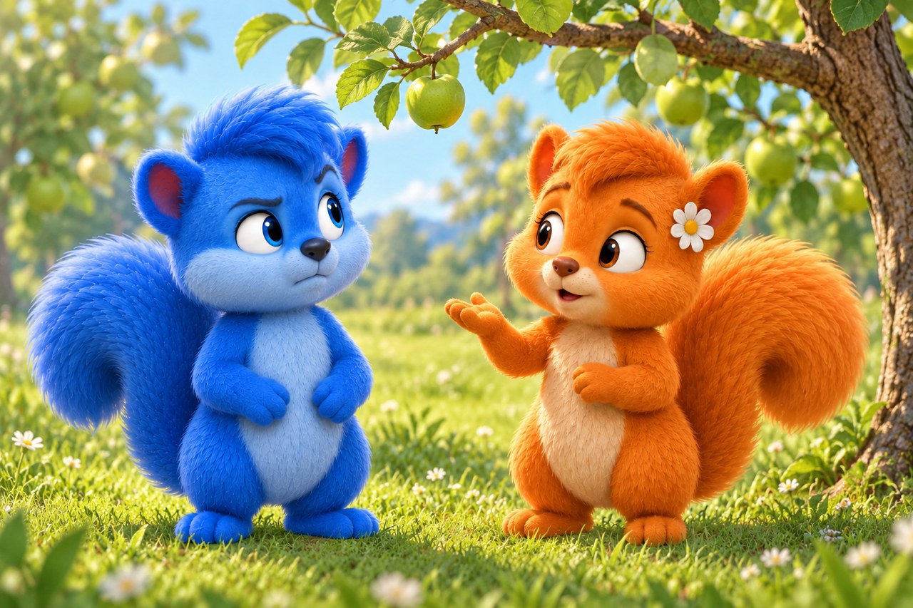 Puschel und Flauschi sprechen unter einem Apfelbaum über das Warten; der Apfel bleibt am Ast.