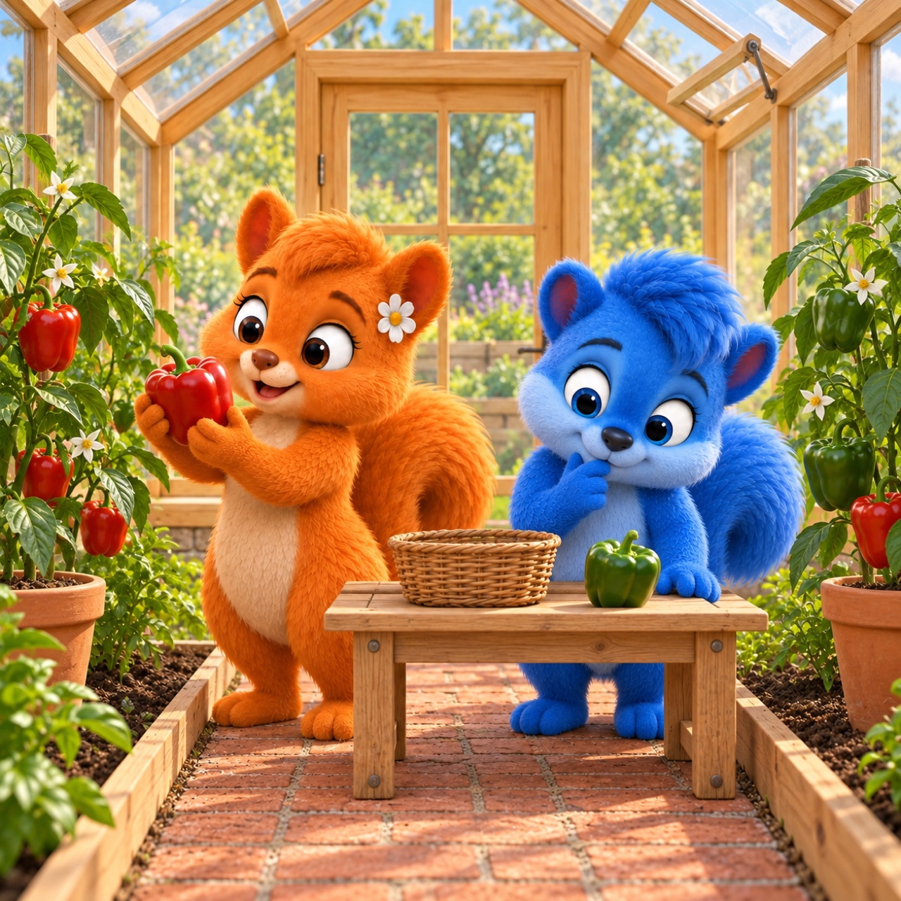 Flauschi hält eine rote Gemüsepaprika; Puschel betrachtet eine grüne auf dem niedrigen Gartentisch im Gewächshaus.