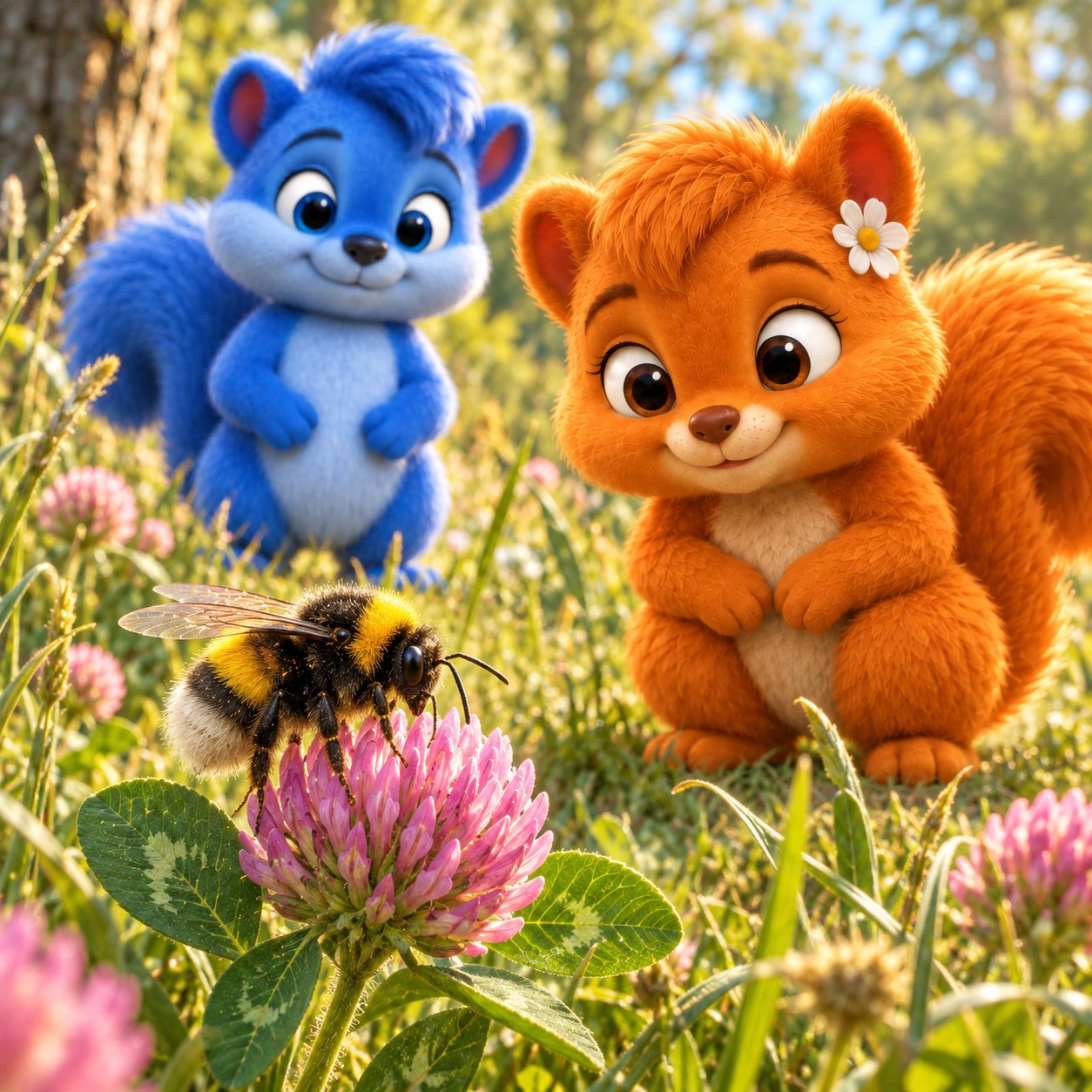 Flauschi und Puschel beobachten eine Erdhummel an Kleeblüten.