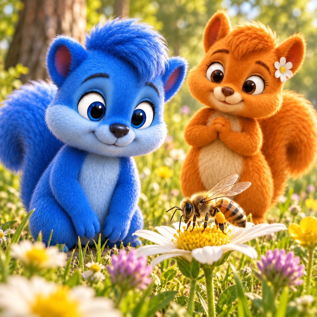 Puschel und Flauschi beobachten mit Abstand eine Honigbiene an einer Blüte.