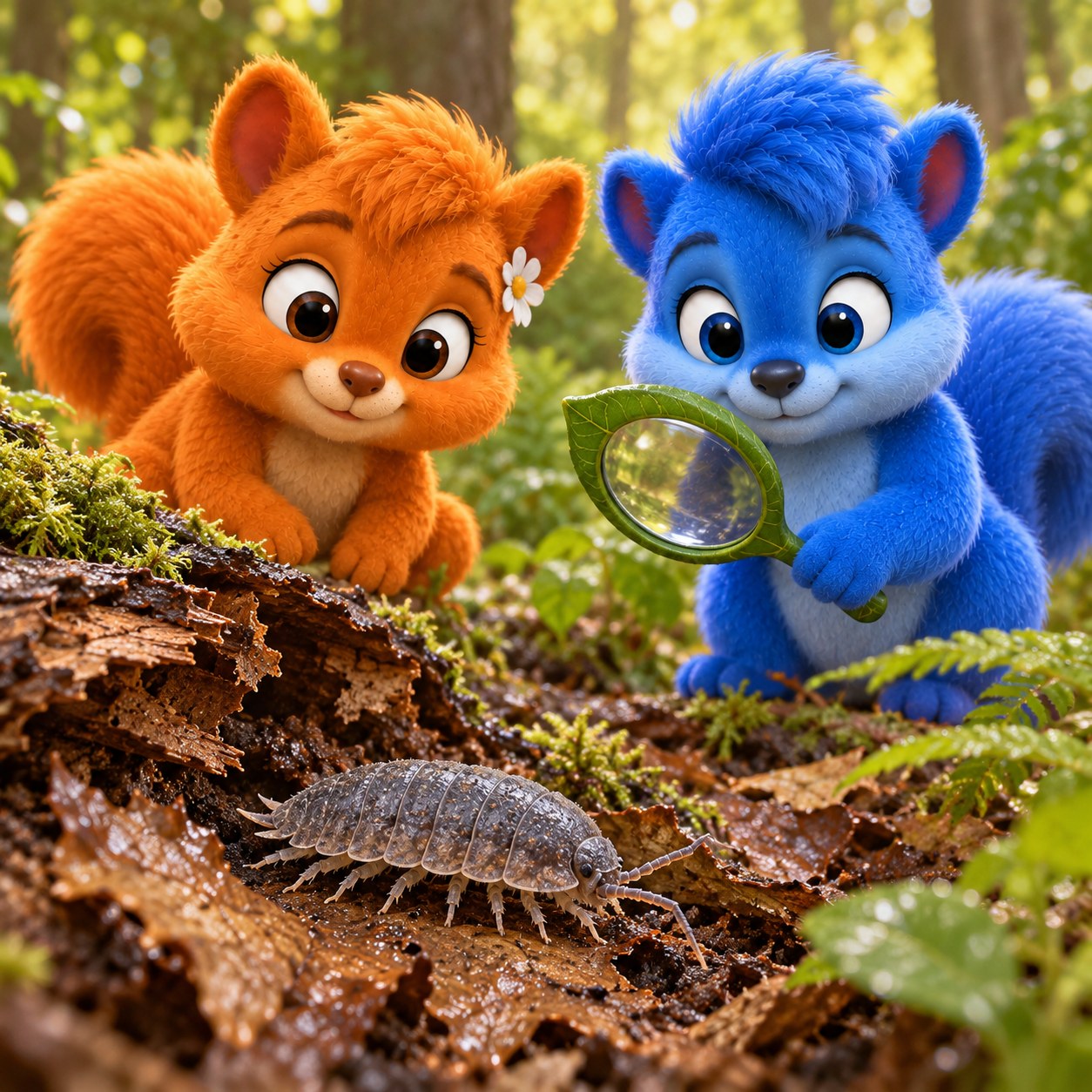 Flauschi und Puschel beobachten eine Kellerassel im feuchten Laub neben Rinde.