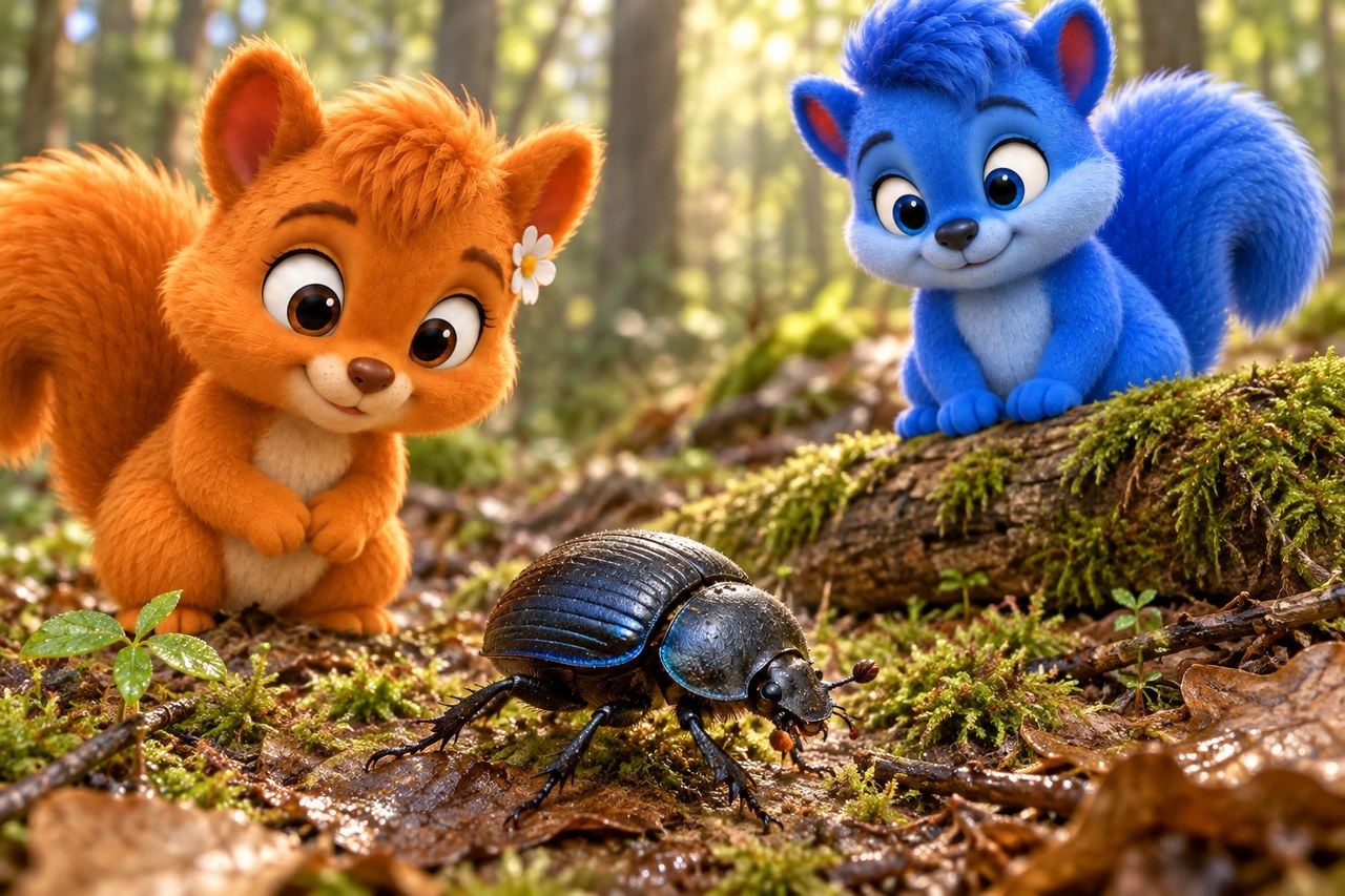 Puschel und Flauschi beobachten einen dunkel schimmernden Waldmistkäfer im Laub.