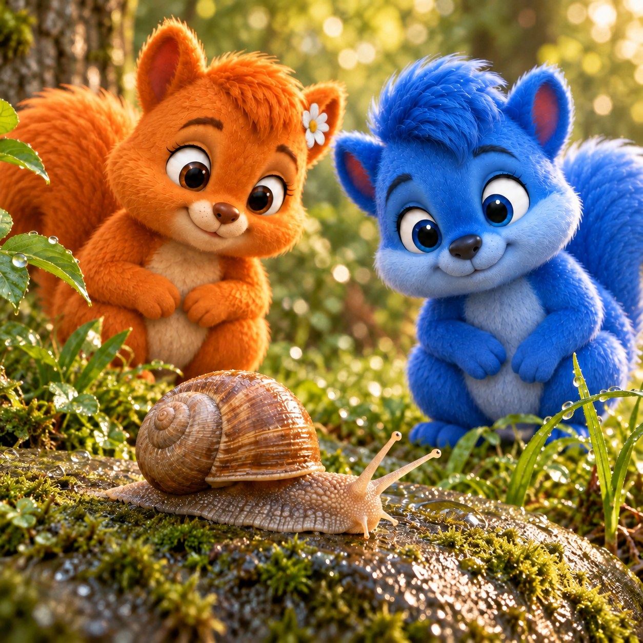 Puschel und Flauschi beobachten eine Weinbergschnecke auf einem feuchten moosigen Stein.
