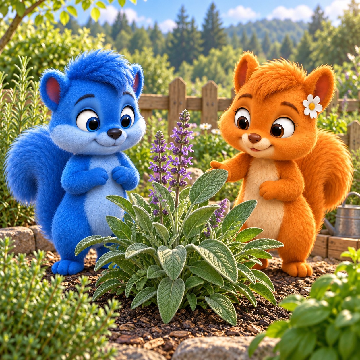 Puschel und Flauschi vergleichen die großen graugrünen Salbeiblätter.
