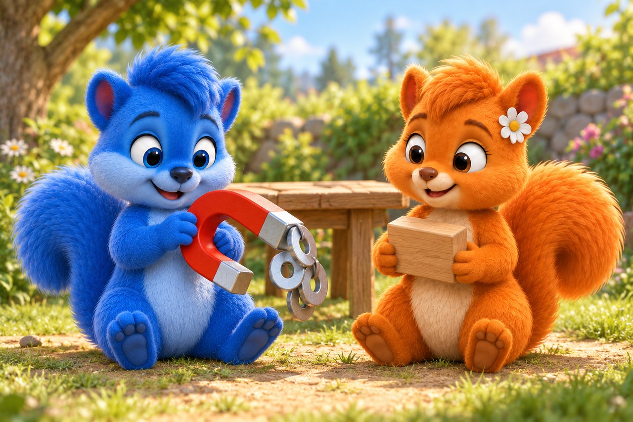 Puschel zeigt einen großen Magneten an Eisenscheiben; Flauschi hält einen Holzklotz.