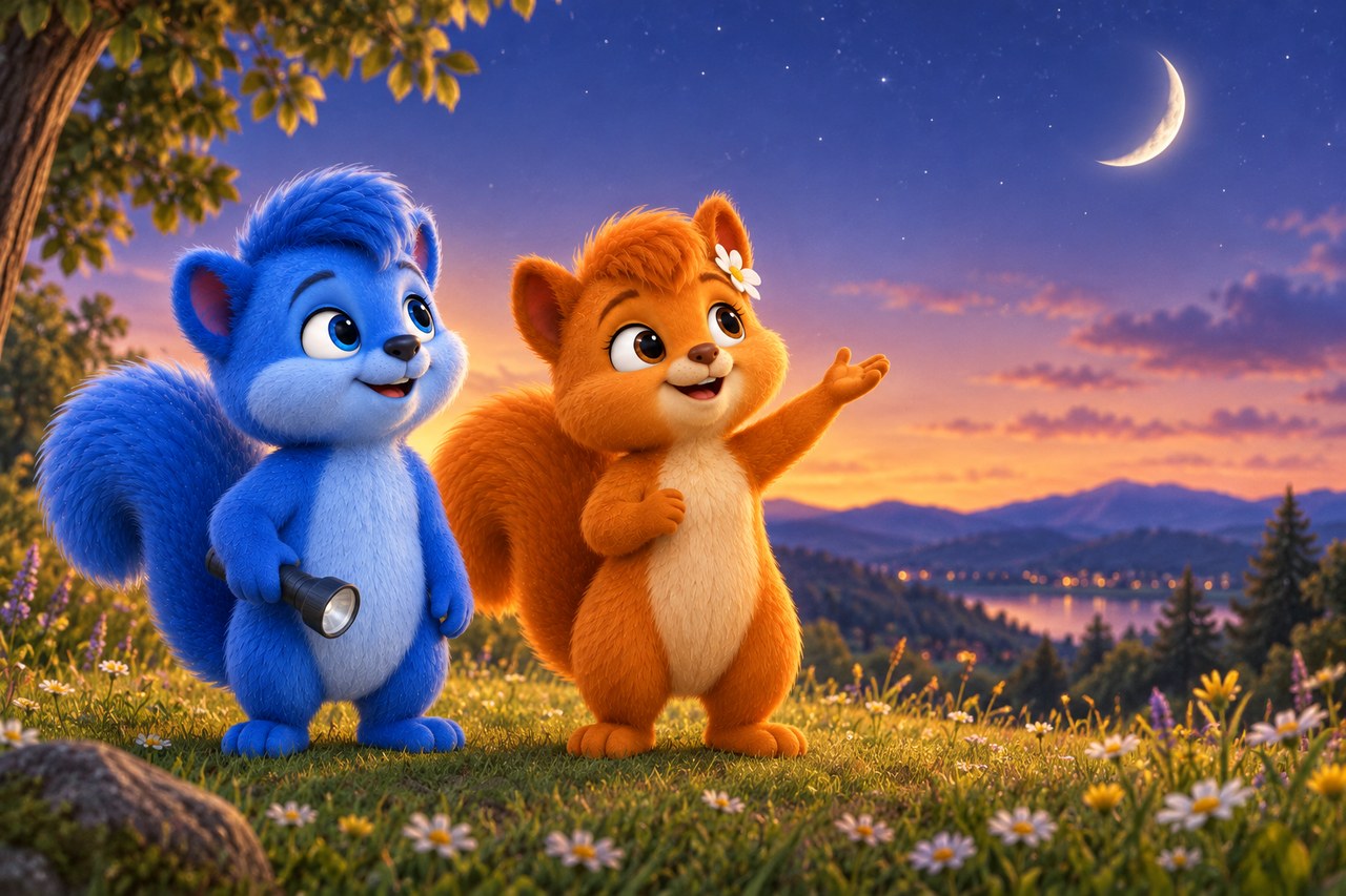 Puschel und Flauschi betrachten eine Mondsichel am Abendhimmel.