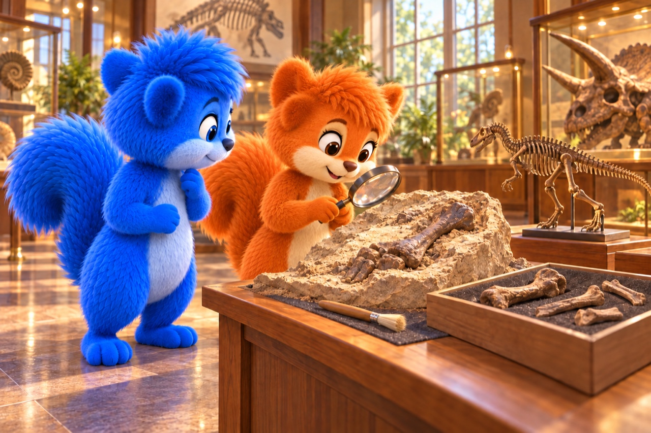 Puschel und Flauschi untersuchen an einer Museumsstation einen Knochenabguss im Gesteinsmodell mit einer Lupe; daneben liegen weitere Nachbildungen.