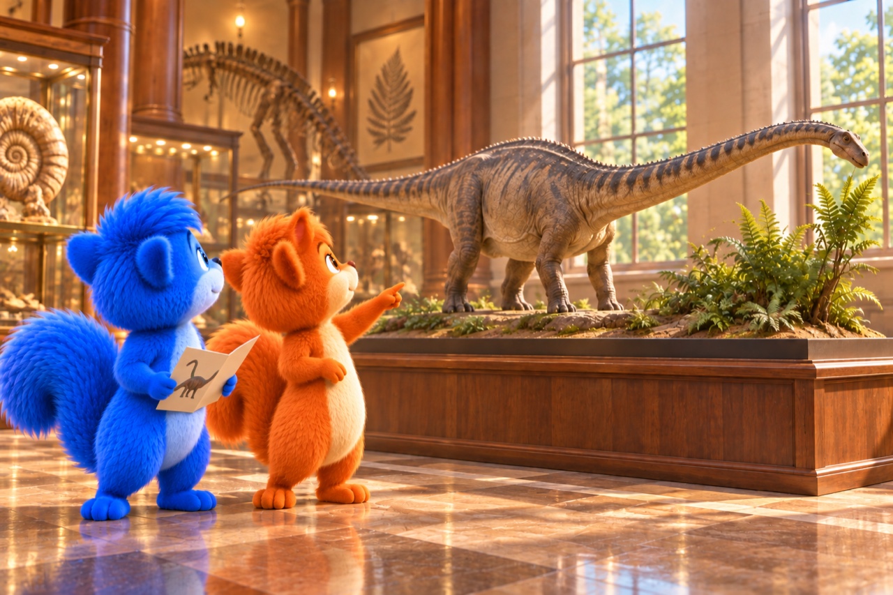 Puschel und Flauschi betrachten ein verkleinertes Diplodocus-Modell mit langem Hals, vier Beinen und langem Schwanz.